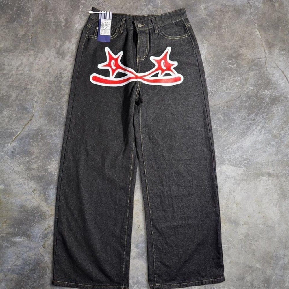 Y2K style black wide leg star graphic jeans baggy skater denim Size M